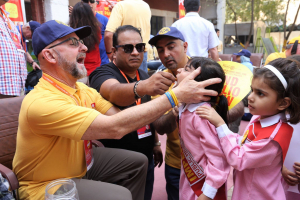 Rotarians giving polio immunization drops to school children in Pakistan